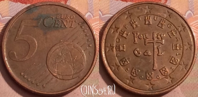 Португалия 5 евроцентов 2002 года, KM# 742, 346k-122