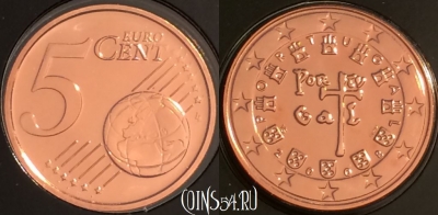 Португалия 5 евроцентов 2008 года, KM# 742, BU, 401l-059