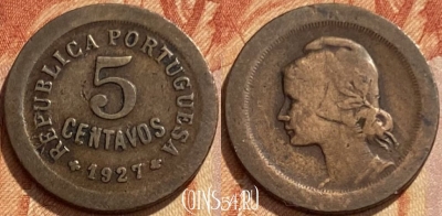 Португалия 5 сентаво 1927 года, KM# 572, 461q-439 ♛