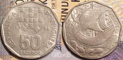 Португалия 50 эскудо 1988 года, KM# 636, b100-001