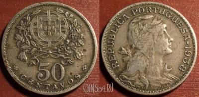 Португалия 50 сентаво 1938 года, редкая, KM# 577, 53-117