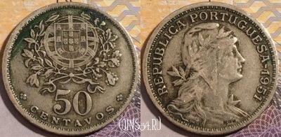 Португалия 50 сентаво 1951 года, KM# 577, 195-126