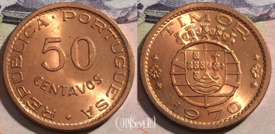 Португальский Тимор 50 сентаво 1970 года, KM# 18, 172-104