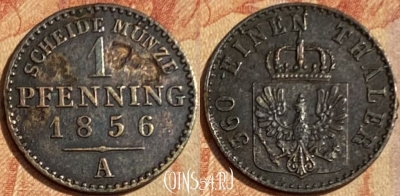 Пруссия 1 пфенниг 1856 года, KM# 451, 462q-306 ♛