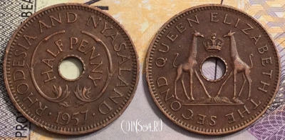 Родезия и Ньясаленд 1/2 пенни 1957 года, KM# 1, 152-117