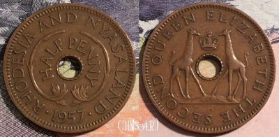 Родезия и Ньясаленд 1/2 пенни 1957 года, KM# 1, 165-088