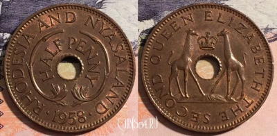 Родезия и Ньясаленд 1/2 пенни 1958 года, KM# 1, 165-089