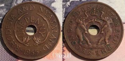 Родезия и Ньясаленд 1 пенни 1955 года, KM# 2, 165-085