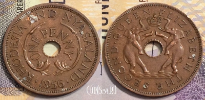Родезия и Ньясаленд 1 пенни 1956 года, KM# 2, 152-113