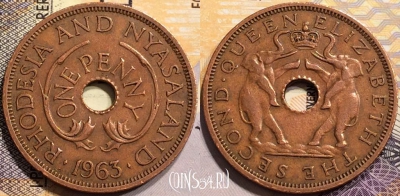 Родезия и Ньясаленд 1 пенни 1963 года, KM# 2, 140-036