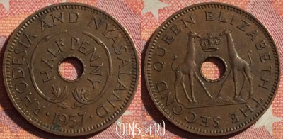 Родезия и Ньясаленд 1/2 пенни 1957 года, KM# 1, 374-048