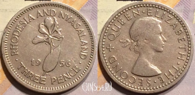 Родезия и Ньясаленд 3 пенса 1956 года, KM# 3, 140-060
