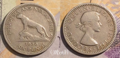 Родезия и Ньясаленд 6 пенсов 1956 года, KM# 4, 162-117