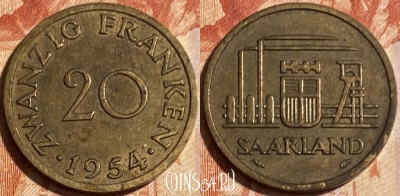 Саар 20 франков 1954 года, KM# 2, 059s-013 ♛