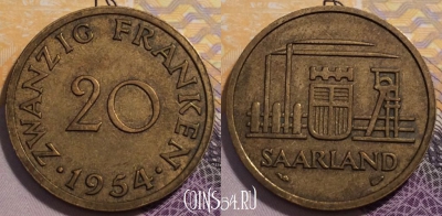 Саар 20 франков 1954 года, KM# 2, 236-019