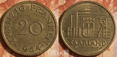 Саар 20 франков 1954 года, KM# 2, 490р-138
