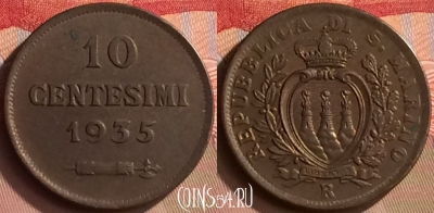 Сан-Марино 10 чентезимо 1935 года, KM# 13, 421-037