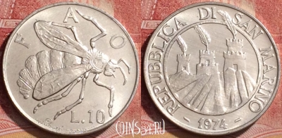 Сан-Марино 10 лир 1974 года, KM# 33, UNC, 164l-124