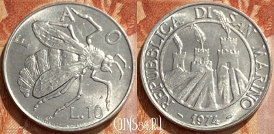 Сан-Марино 10 лир 1974 года, KM# 33, 461q-237 ♛