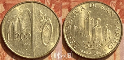 Сан-Марино 200 лир 1993 года, KM# 300, 461q-218 ♛