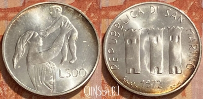 Сан-Марино 500 лир 1972 года Ag, KM# 21, 461q-174 ♛