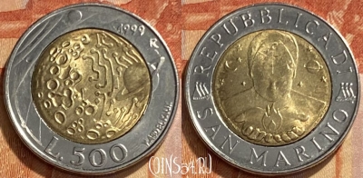 Сан-Марино 500 лир 1999 года, KM# 394, 461q-205 ♛