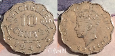 Сейшелы 10 центов 1944 года, редкая, KM# 1, a118-084