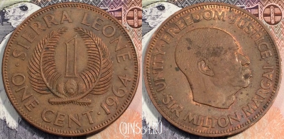 Сьерра-Леоне 1 цент 1964 года, KM 17, 114-112
