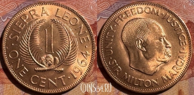 Сьерра-Леоне 1 цент 1964 года, KM# 17, s501s-134