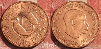 Сьерра-Леоне 1/2 цента 1964 года, KM# 16, UNC, 259-025