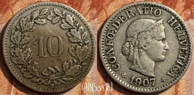 Швейцария 10 раппенов 1907 года, KM# 27, 282s-105