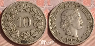 Швейцария 10 раппенов 1909 года, KM# 27, 307o-091