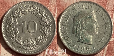 Швейцария 10 раппенов 1964 года, KM# 27, 298p-102