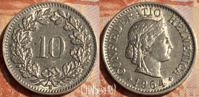Швейцария 10 раппенов 1964 года, KM# 27, 500р-101