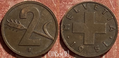 Швейцария 2 раппена 1951 года, KM# 47, 463r-271