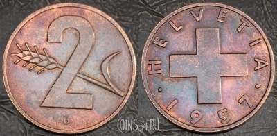 Швейцария 2 раппена 1957 года, KM# 47, 082-064b
