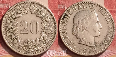 Швейцария 20 раппенов 1908 года, KM# 29, 136l-078