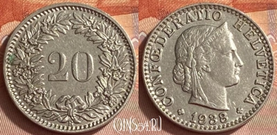 Швейцария 20 раппенов 1938 года, KM# 29, 414o-078 ♛