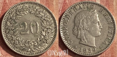 Швейцария 20 раппенов 1939 года, KM# 29a, 098p-130