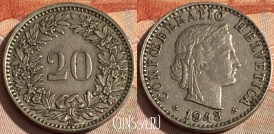Швейцария 20 раппенов 1943 года, KM# 29a, 295q-048