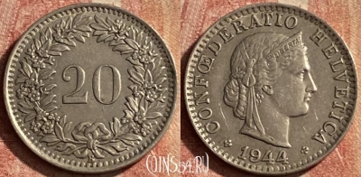 Швейцария 20 раппенов 1944 года, KM# 29a, 118p-095