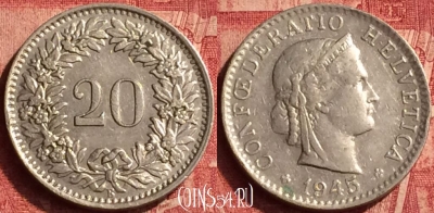 Швейцария 20 раппенов 1945 года, KM# 29a, 359o-095