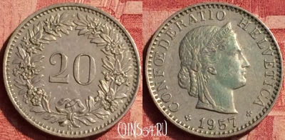 Швейцария 20 раппенов 1957 года, KM# 29a, 360o-073