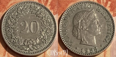 Швейцария 20 раппенов 1958 года, KM# 29a, 463q-200 ♛