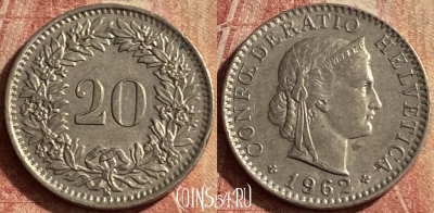 Швейцария 20 раппенов 1962 года, KM# 29a, 143p-034