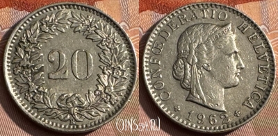 Швейцария 20 раппенов 1962 года, KM# 29a, 163s-006