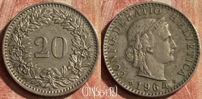 Швейцария 20 раппенов 1964 года, KM# 29a, 118p-069