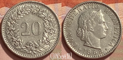 Швейцария 20 раппенов 1968 года, KM# 29a, 344q-103