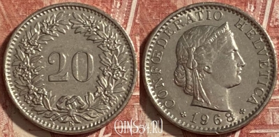Швейцария 20 раппенов 1968 года, KM# 29a, 482р-127 ♛