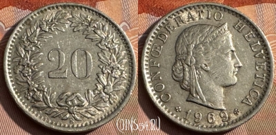Швейцария 20 раппенов 1969 года, KM# 29a, 162s-120